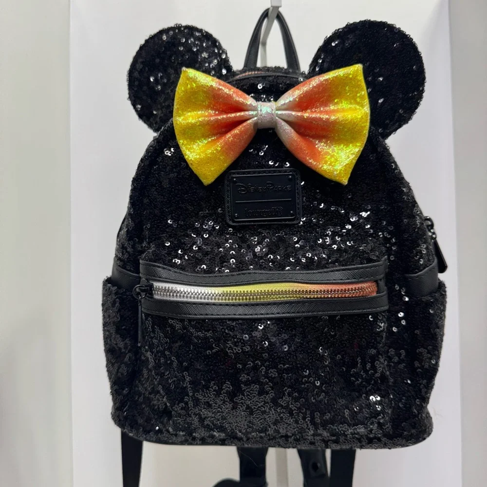 Disney Parks Loungefly Halloween Minnie Mouse Sequin Backpack Candy Corn Bow